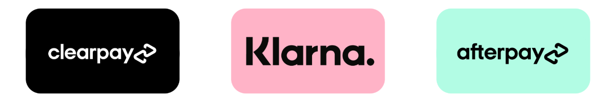 Three logos: Clearpay, Klarna, and Afterpay, displayed side by side.